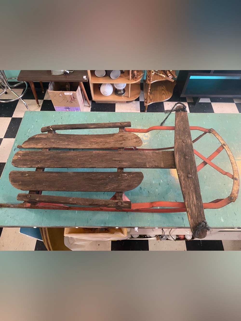 Vintage Wooden Runner Sled with Red Metal Runners antique Christmas decor rustic